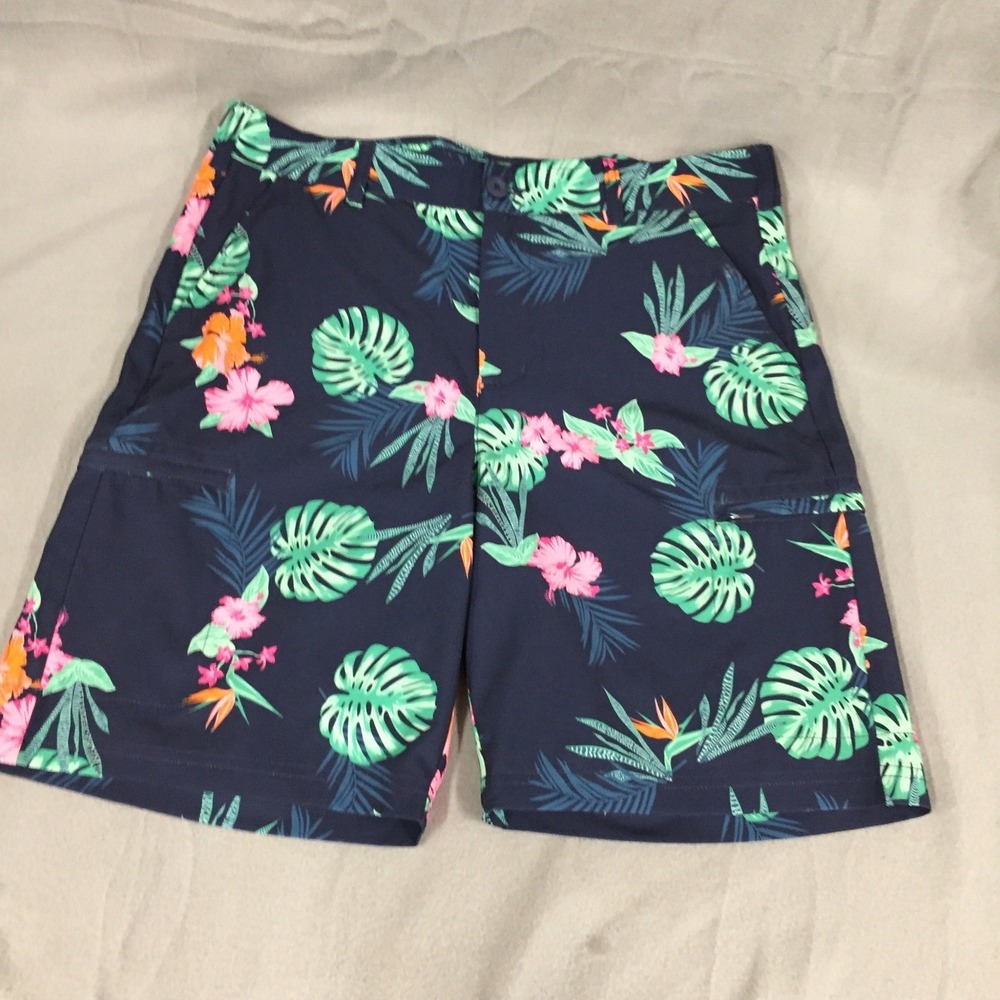Birdie Bound Mens Tropical Floral‎ Golf Shorts Navy Blue Pink Green Size 34